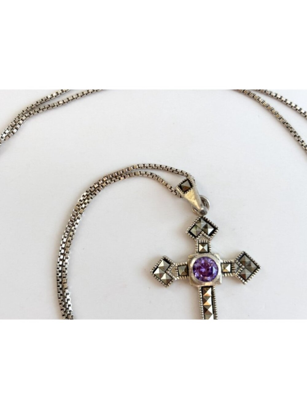 Art Deco Amethyst & Marcasite Sterling Silver 925 Vintage Pendant Necklace - 20" - Picture 4 of 16